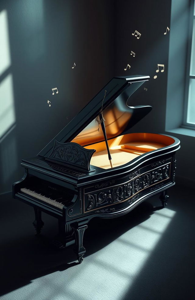 A unique artistic creation that combines the shape of a coffin and a grand piano