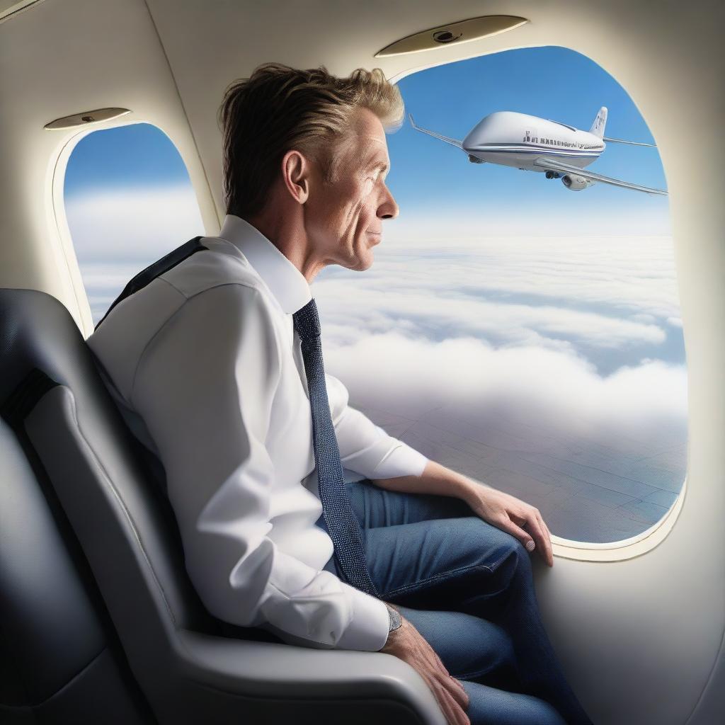 In hyper-realistic detail, imagine a fearless individual casually seated on the wing of an in-flight airplane, with sweeping skies surrounding them and the landscape appearing as a distant blur below