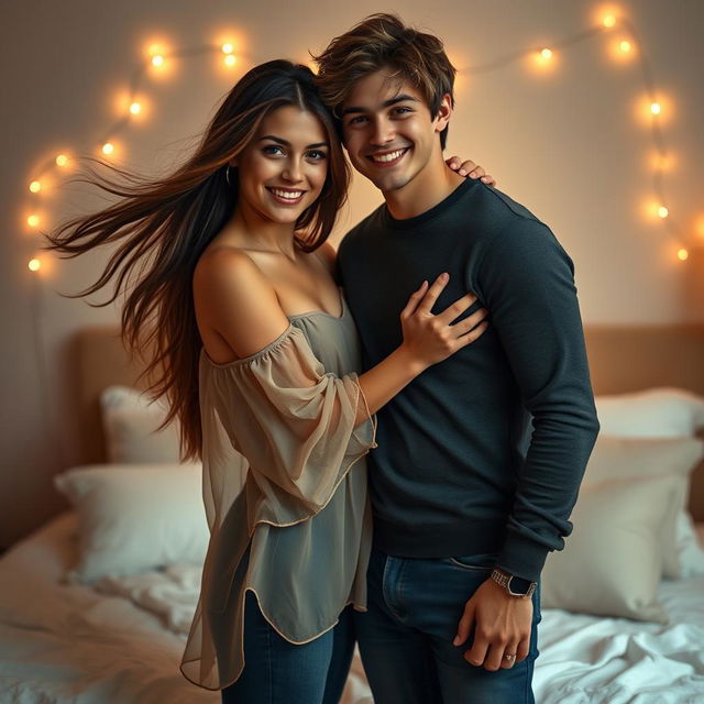 A sensual scene featuring a romantic atmosphere with a girl and a boy embracing each other softly, standing in a softly lit bedroom with warm tones