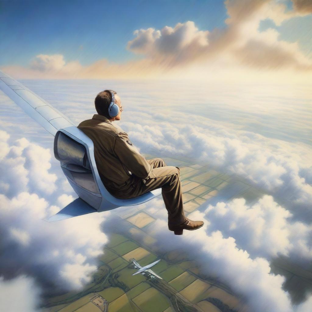 In hyper-realistic detail, imagine a fearless individual casually seated on the wing of an in-flight airplane, with sweeping skies surrounding them and the landscape appearing as a distant blur below