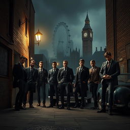 An atmospheric scene of London, showcasing the underworld of organized crime, featuring dimly lit narrow alleyways, gritty brick buildings, and hints of graffiti art