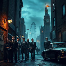 An atmospheric scene of London, showcasing the underworld of organized crime, featuring dimly lit narrow alleyways, gritty brick buildings, and hints of graffiti art