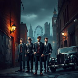 An atmospheric scene of London, showcasing the underworld of organized crime, featuring dimly lit narrow alleyways, gritty brick buildings, and hints of graffiti art