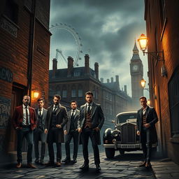 An atmospheric scene of London, showcasing the underworld of organized crime, featuring dimly lit narrow alleyways, gritty brick buildings, and hints of graffiti art