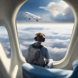 In hyper-realistic detail, imagine a fearless individual casually seated on the wing of an in-flight airplane, with sweeping skies surrounding them and the landscape appearing as a distant blur below