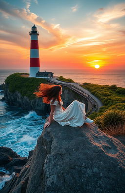 A scenic view of a beautiful lighthouse standing tall on a rocky cliff, surrounded by lush greenery and crashing waves below