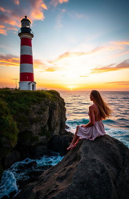 A scenic view of a beautiful lighthouse standing tall on a rocky cliff, surrounded by lush greenery and crashing waves below