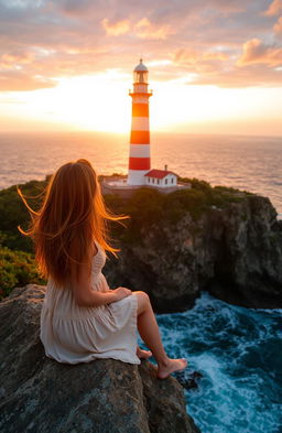 A scenic view of a beautiful lighthouse standing tall on a rocky cliff, surrounded by lush greenery and crashing waves below