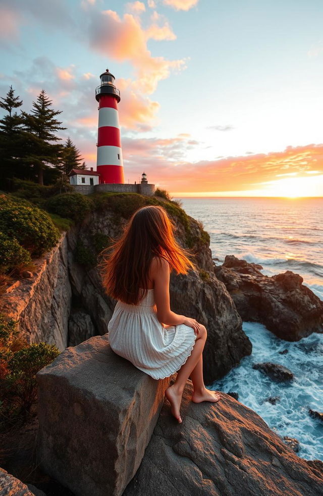 A scenic view of a beautiful lighthouse standing tall on a rocky cliff, surrounded by lush greenery and crashing waves below