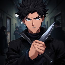 An anime guy with a dark, intense look in his eyes, holding a knife firmly in one hand
