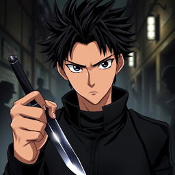 An anime guy with a dark, intense look in his eyes, holding a knife firmly in one hand