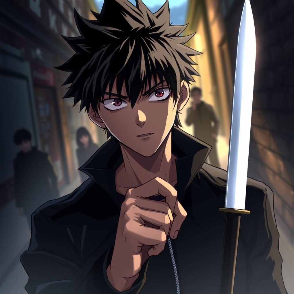 An anime guy with a dark, intense look in his eyes, holding a knife firmly in one hand