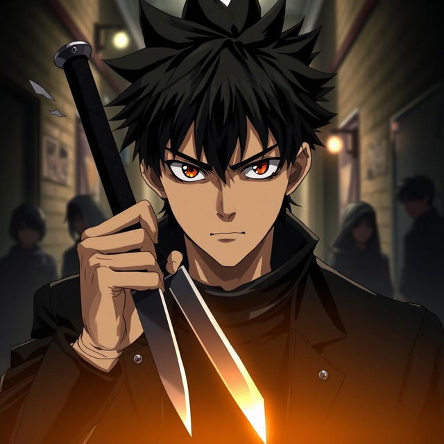 An anime guy with a dark, intense look in his eyes, holding a knife firmly in one hand