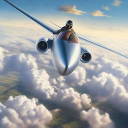 In hyper-realistic detail, imagine a fearless individual casually seated on the wing of an in-flight airplane, with sweeping skies surrounding them and the landscape appearing as a distant blur below