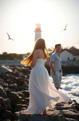 A serene coastal scene featuring a tall, white lighthouse with a colorful red roof standing against a bright blue sky