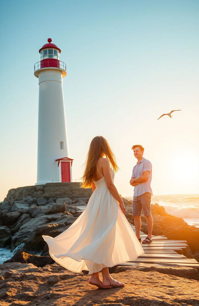 A serene coastal scene featuring a tall, white lighthouse with a colorful red roof standing against a bright blue sky