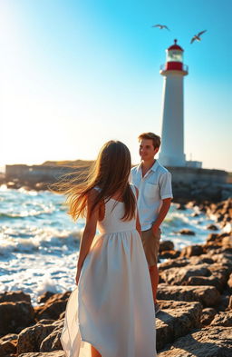 A serene coastal scene featuring a tall, white lighthouse with a colorful red roof standing against a bright blue sky