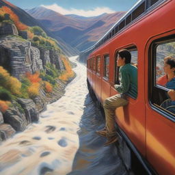 In hyper-realistic detail, a thrill-seeker is seen nonchalantly seated atop a speeding train, the wind whipping through their hair, landscape appearing as a swift flowing river of colors on the sides