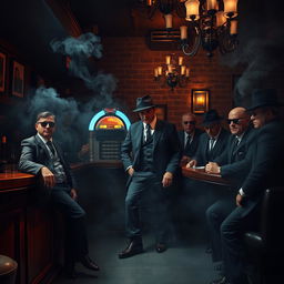 A dramatic scene depicting a London mafia meeting in an underground club