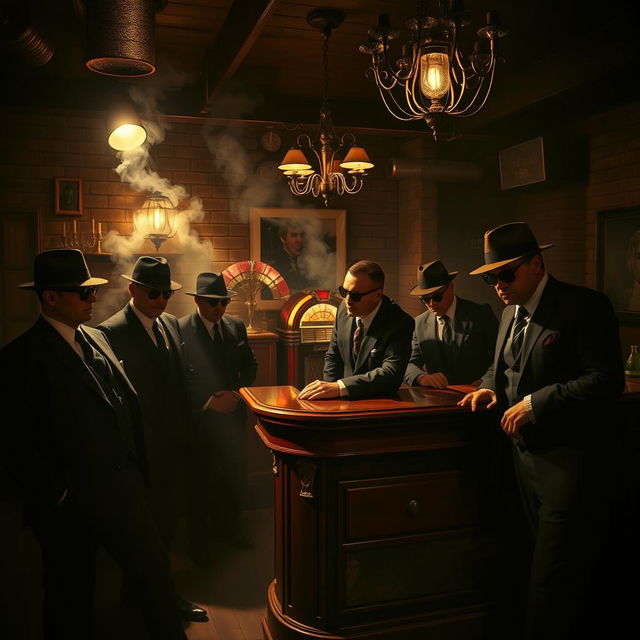 A dramatic scene depicting a London mafia meeting in an underground club