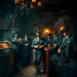 A dramatic scene depicting a London mafia meeting in an underground club