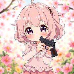An anime girl with a shy personality, holding a small gun in a cute and playful manner