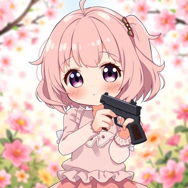 An anime girl with a shy personality, holding a small gun in a cute and playful manner