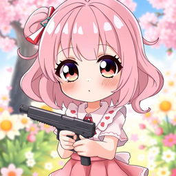 An anime girl with a shy personality, holding a small gun in a cute and playful manner