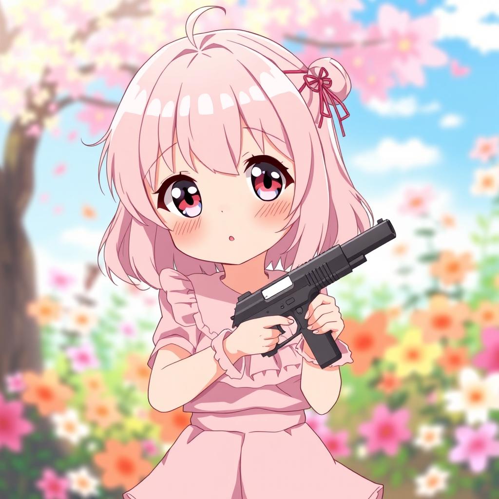 An anime girl with a shy personality, holding a small gun in a cute and playful manner