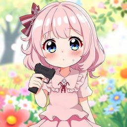 An anime girl with a shy personality, holding a small gun in a cute and playful manner
