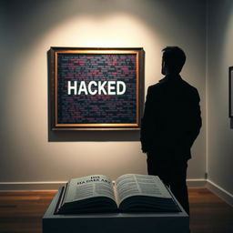 A shadowy male figure standing in an art gallery, gazing up at a framed painting on the wall