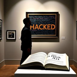 A shadowy male figure standing in an art gallery, gazing up at a framed painting on the wall