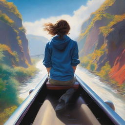 In hyper-realistic detail, a thrill-seeker is seen nonchalantly seated atop a speeding train, the wind whipping through their hair, landscape appearing as a swift flowing river of colors on the sides