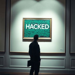 A shadowy male figure standing in an elegant art gallery, gazing up at a framed painting mounted on a pristine white wall