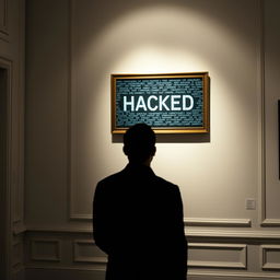 A shadowy male figure standing in an elegant art gallery, gazing up at a framed painting mounted on a pristine white wall