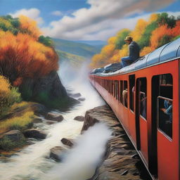 In hyper-realistic detail, a thrill-seeker is seen nonchalantly seated atop a speeding train, the wind whipping through their hair, landscape appearing as a swift flowing river of colors on the sides