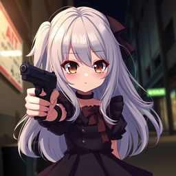 An anime girl with a shy personality, exuding a cute yet wicked charm, holding a small gun with a cold, piercing stare