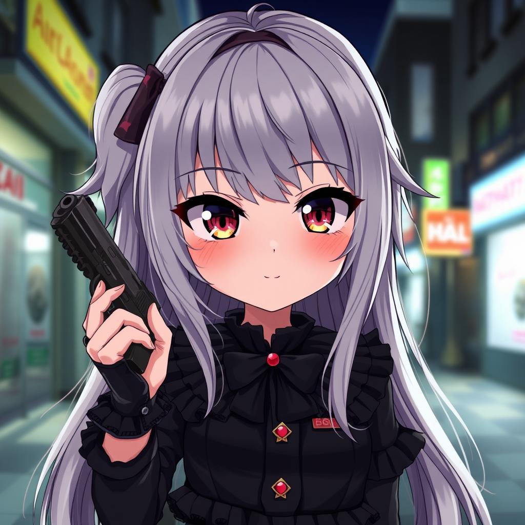 An anime girl with a shy personality, exuding a cute yet wicked charm, holding a small gun with a cold, piercing stare