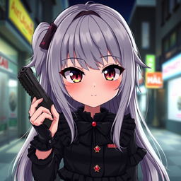 An anime girl with a shy personality, exuding a cute yet wicked charm, holding a small gun with a cold, piercing stare