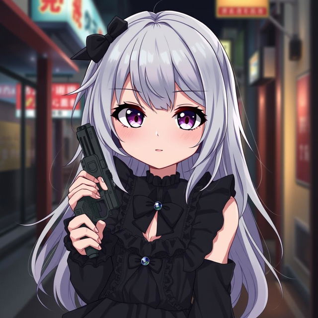 An anime girl with a shy personality, exuding a cute yet wicked charm, holding a small gun with a cold, piercing stare