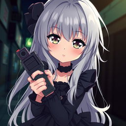 An anime girl with a shy personality, exuding a cute yet wicked charm, holding a small gun with a cold, piercing stare