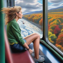 In hyper-realistic detail, a thrill-seeker is seen nonchalantly seated atop a speeding train, the wind whipping through their hair, landscape appearing as a swift flowing river of colors on the sides