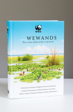 A beautifully designed book cover featuring a serene wetland landscape, showcasing lush greenery, tranquil waters, and a variety of wildlife thriving in the environment