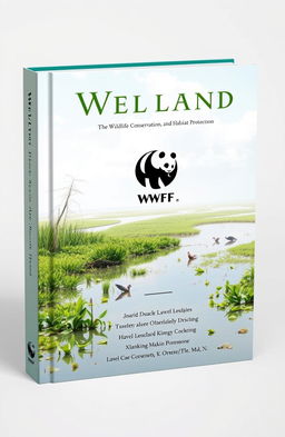 A beautifully designed book cover featuring a serene wetland landscape, showcasing lush greenery, tranquil waters, and a variety of wildlife thriving in the environment