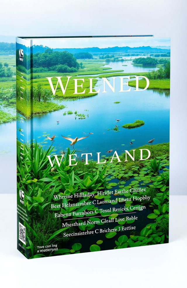 A beautifully designed book cover featuring a serene wetland landscape, showcasing lush greenery, tranquil waters, and a variety of wildlife thriving in the environment