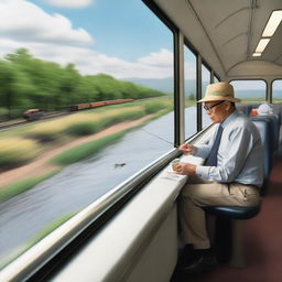 With hyper-realistic detail, a whimsical scene unfolds, where an individual is seen fishing nonchalantly while seated atop a high-speed train, the surroundings blurred due to the fast motion