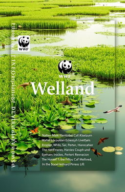 A beautifully designed book cover featuring a serene wetland landscape, showcasing lush greenery, tranquil waters, and a variety of wildlife thriving in the environment
