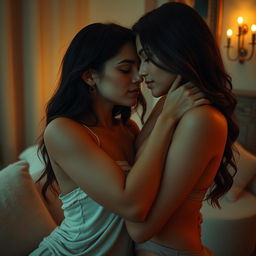 A sensual and intimate scene depicting two women in an embrace, surrounded by soft, warm lighting that creates a cozy atmosphere