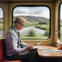 With hyper-realistic detail, a whimsical scene unfolds, where an individual is seen fishing nonchalantly while seated atop a high-speed train, the surroundings blurred due to the fast motion