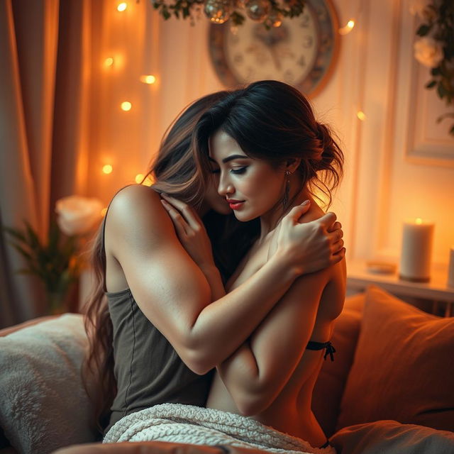 A sensual and intimate scene depicting two women in an embrace, surrounded by soft, warm lighting that creates a cozy atmosphere